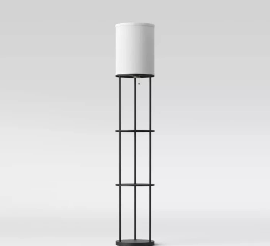 Black Metal Shelf Floor Lamp with White Fabric Shade