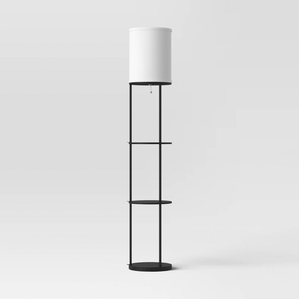Black Metal Shelf Floor Lamp with White Fabric Shade