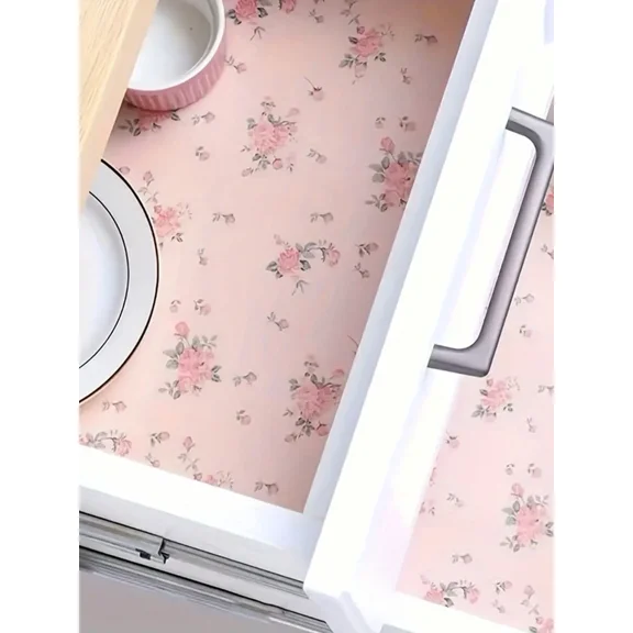 Shelf Liner for Kitchen Cabinets and Drawers, Non-Adhesive Waterproof Drawer Mat, 78.7x11.8 Inch Non-Slip Pink Rose Floral Print Cabinet Liner, Easy to Cut Roll for Pantry and Fridge