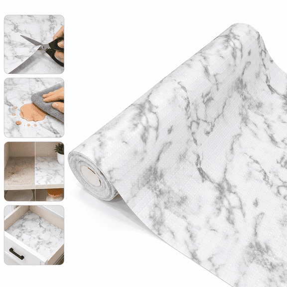 Shelf Liner for Kitchen Cabinets, Non-Slip Waterproof PVC Drawer Liner, Cut-to-Fit Reusable Cabinet Shelf Paper, White Marble, 1 Roll
