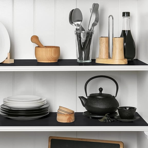 Shelf Liners for Kitchen Cabinets Non Adhesive Drawer Liner EVA Material Cupboard Mat Refrigerator Mats Washable Fridge Liner for Cabinet, Storage and Desks 23.6 x 393.7 Inches Black