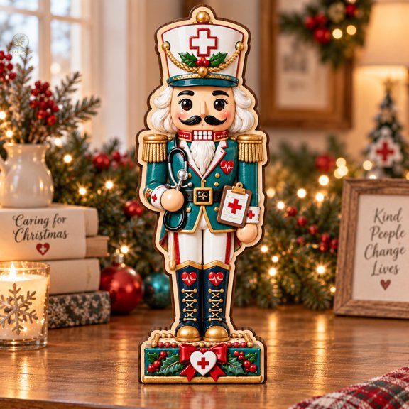 Shelf Sitter Nurse Nutcracker Layered Wood Tabletop Christmas Accent for Medical Professionals