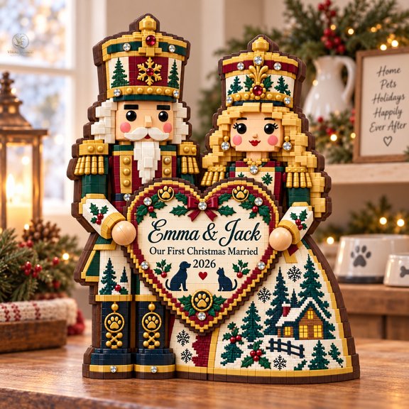 Shelf Sitter, Personalized Nutcracker Couple 3-Layer Wood Tabletop Decor for Newlywed Pet Parents