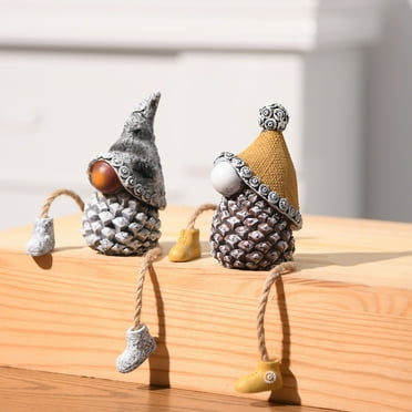 Shelf Sitters with Dangling Legs Pine Cone Gnomes Figurine Decor Set of 2 Unique Mini Resin Faceless Doll Statue for Tabletop Centerpiece Dwarf Hanging Shelf Decoration Fall Decor (yellow+grey)