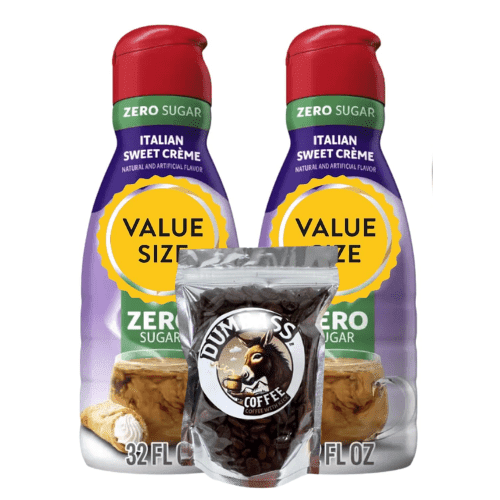 Shelf Stable Non-Dairy Liquid Coffee Creamer.- Two (2) 32 fl oz Bottles (Sugar-Free Italian Sweet Creme) with D.A Coffee Beans