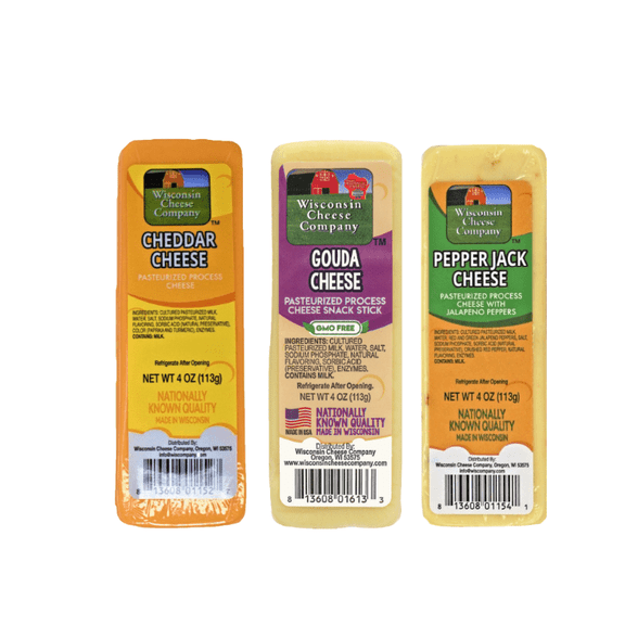 Shelf Stable Wisconsin Cheese Variety Pack, Cheddar Pepper Jack & Gouda, High Protein Snack Cheese, 3 Pack
