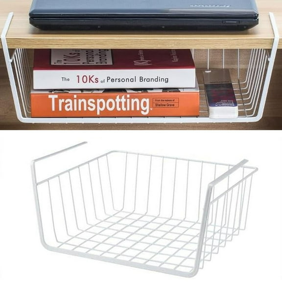 Under Shelf Storage, Household Metal Under Shelf Hanging Storage Bin Basket, Slide-in Baskets Organizer for Storage Space Saving for Kitchen Pantry Bookshelf(Large,White)