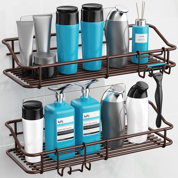 Shelf Storage Rack Adhesive Without Drilling Stainless Steel with Hooks for Washroom, Lavatory, Restroom, Toilet, Bathroom, Kitchen - 2 Pack