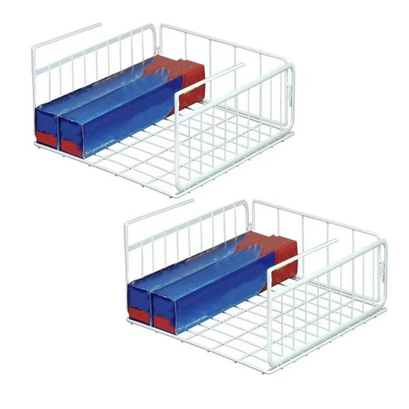 Under Shelf Wire Basket,2 Pack White Hanging Storage Baskets, Casewin Under Cabinet Add-on Storage Racks Slide-in Baskets Organizer for Kitchen Pantry Desk Bookshelf