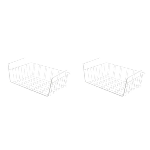 Under Shelf Wire Storage Basket, Under Cabinet Hanging Durable Metal Wire Storage Wire Basket Organizer Fit Dual Hooks for Kitchen Pantry Desk Bookshelf Cupboard,White/2PCS