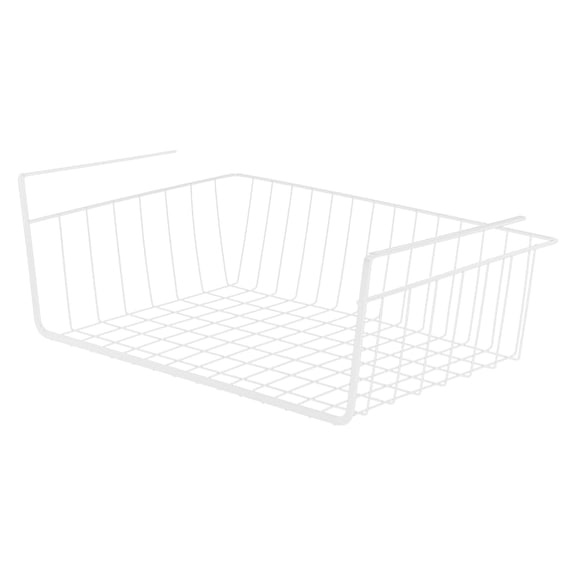 Under Shelf Wire Storage Basket | Hanging Under Cabinet Organizer Rack, White Metal Wire Storage Bin for Kitchen Pantry Closet Desk, No Drill Slide-On Design
