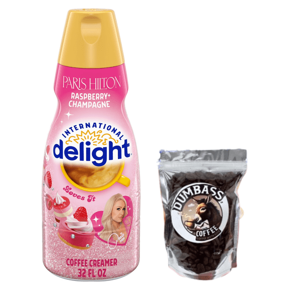 Shelf-stable Non-Dairy Liquid Coffee Creamer 32 fl oz Bottle with Dumbass Coffee Whole Coffee Bean Medium/Dark 1 oz (Paris Hilton Raspberry Champagne) Coffee