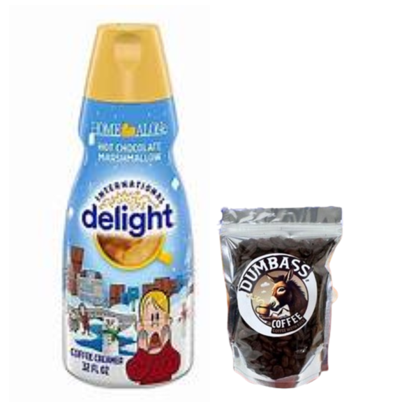 Shelf-stable Non-Dairy Liquid Coffee Creamer, 32 fl oz Bottles with Dumbass Coffee Whole Coffee Bean Medium/Dark 1 oz (Home Alone Hot Chocolate Marshmallow) Coffee