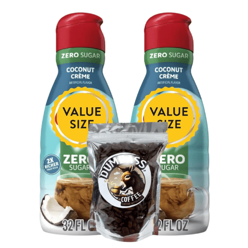 Shelf-stable Non-Dairy Liquid Coffee Creamer.- Two (2) 32 fl oz Bottles (Sugar-Free Coconut Creme) with D.A Coffee Beans