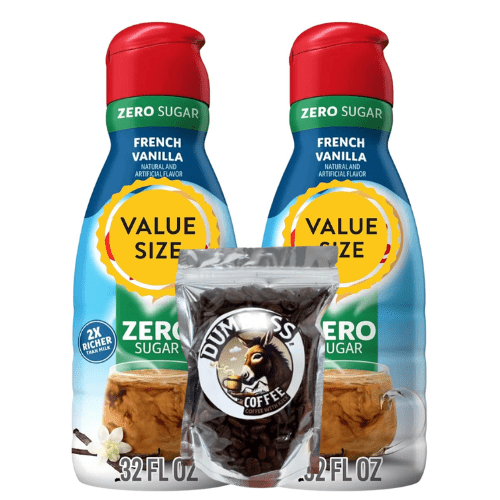 Shelf-stable Non-Dairy Liquid Coffee Creamer.- Two (2) 32 fl oz Bottles (Sugar-Free French Vanilla) with D.A Coffee Beans