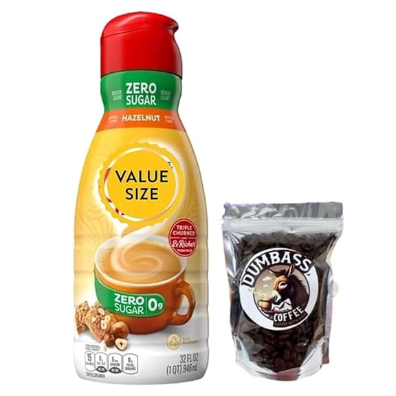 Shelf-stable Non-Dairy Liquid Coffee Creamer.- Two (2) 32 fl oz Bottles (Sugar-Free Hazelnut) with D.A Coffee Beans