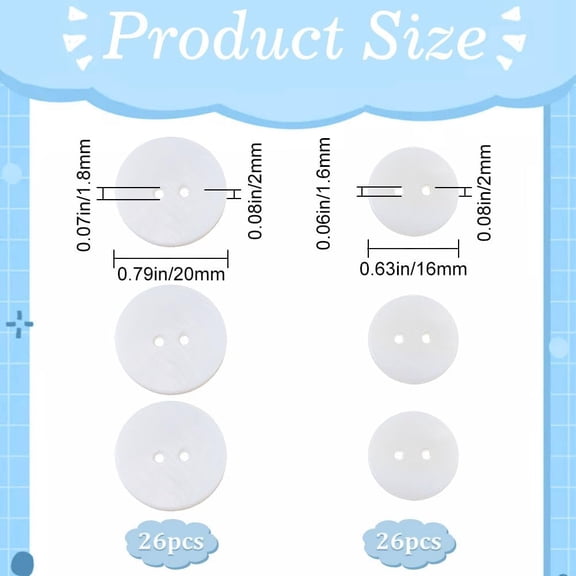 Shell 52Pcs 2 Sizes White Shell Buttons Flat Round Pearl Button Natural Shells Genuine Sewing 2 Hole Buttons for Women Sew On Clothes Blazer Suits Shirts Crafts DIY Craft