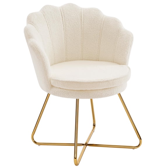 Shell Accent Chair with Back, Faux Fur Vanity Chair for Bedroom Living Room, Criss Cross Legs Gold Metal Base, Makeup Desk Chair No Wheels, White