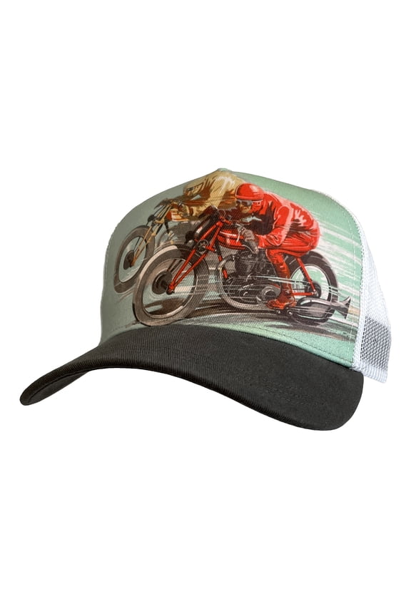 Adult Heritage Trucker Hat with  Antique Race Motorcycles Adjustable Snap Closure