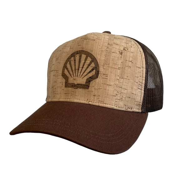 Shell Adult Trucker Hat With Cork Front and Brown Brim Adjustable Snap Closure