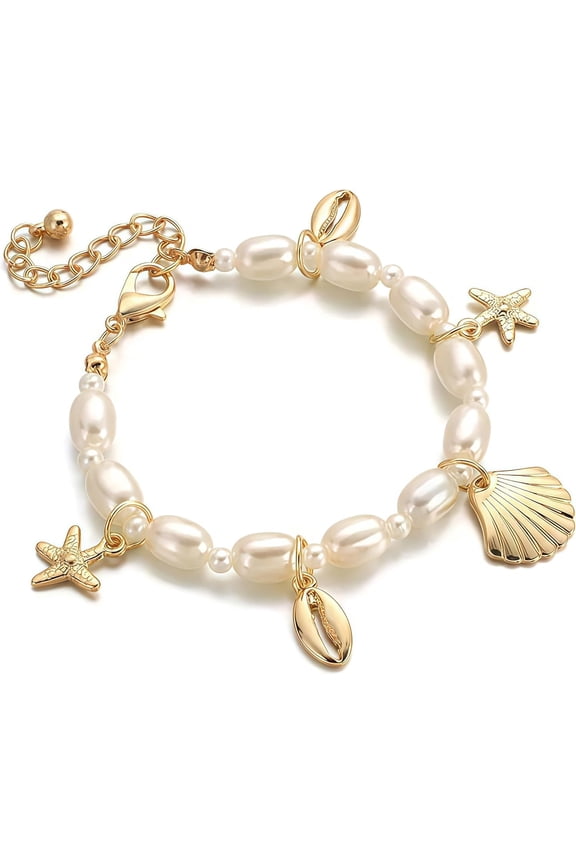 Shell Ankle Bracelet Set for Women, Boho Bead Adjustable Anklet, Hawaiian Beach Seashell Heart Starfish Conch Foot Gifts