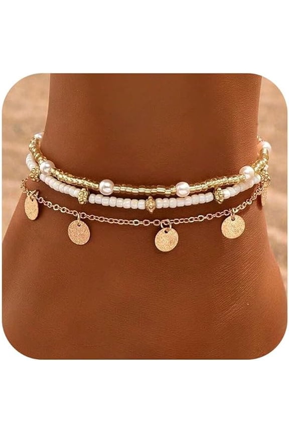 Shell Ankle Bracelet Set for Women, Gold Boho Bead Adjustable Anklet, Hawaiian Beach Seashell Pearl Heart Starfish