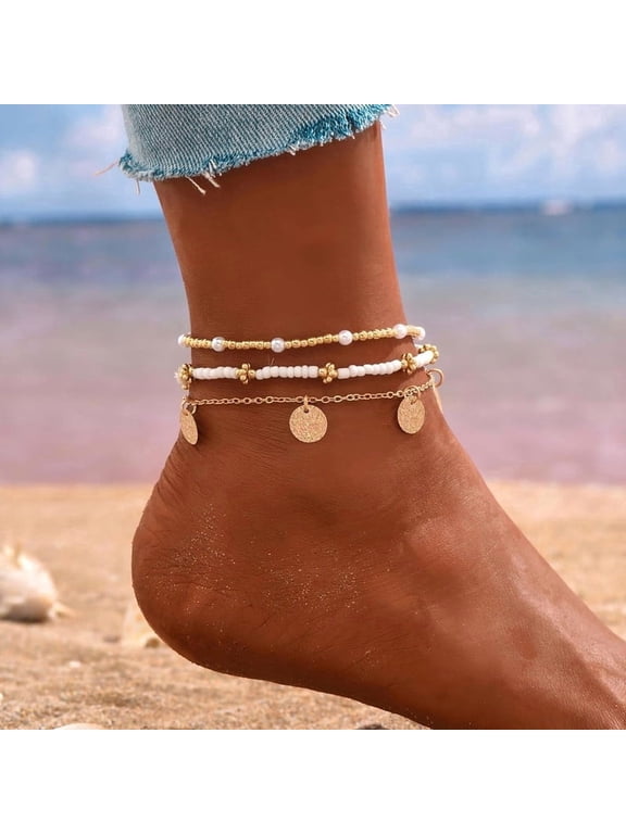 Shell Ankle Bracelet Set for Women,Boho Bead Adjustable Anklet, Hawaiian Beach Seashell Pearl Heart Starfish Conch Foot Jewelry Gifts