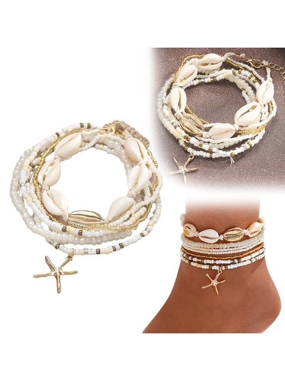 Shell Ankle Bracelets for Women, Boho Beaded Beach Anklet Set with Seashell Charms, Colorful Stackable Summer Anklets for Beach Vacation, Hawaii Surfer Style Jewelry, Adjustable Elastic Anklet Set