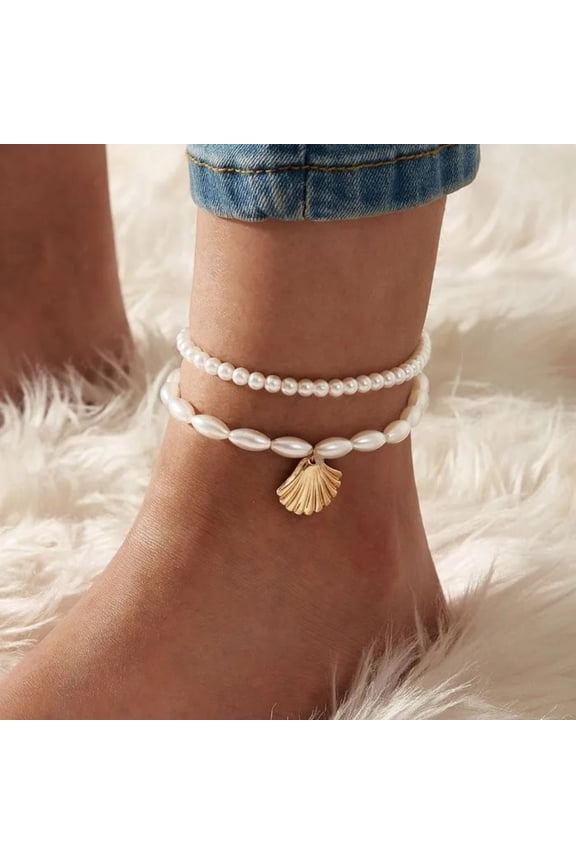 Shell Anklets Set Pearl Layered Ankle Bracelet Elastic Beach Foot Chain Jewelry for Women