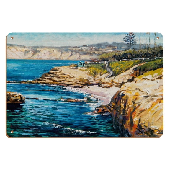 Shell Beach - La Jolla California - Coastal Landscape - From an Original Color Painting by Wade Koniakowsky - 8 x 12 inch Vintage Wood Art Sign