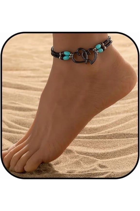 Shell Beaded Ankle Bracelet for Women, Double Layered Hollow Heart Sea Shell & Starfish Anklet Boho Turquoise Elastic Anklet Bracelet Summer Beach Foot Jewelry[g692]