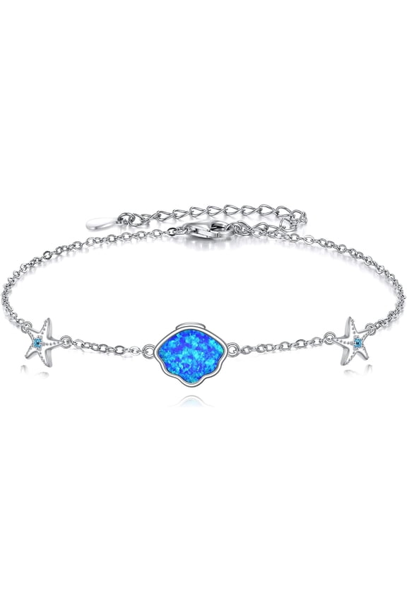 Shell Bracelet 925 Sterling Silver Blue Opal Starfish Bracelet Ocean Beach Anklet Jewelry Gifts for Women