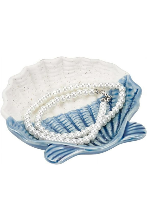 Shell Ceramic Jewelry Plate Light Steel Blue Shell Ring Holder Shell Shape Jewelry Storage Tray Vanity Decorations Accessories for Rings Earrings Bracelets Necklace Jewelry Display