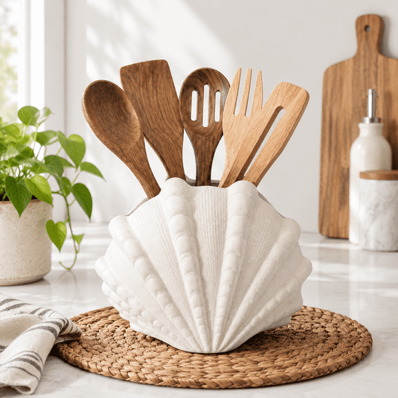Shell Ceramic Utensil Holder Decorative Kitchen Crock Countertop Flower Vase