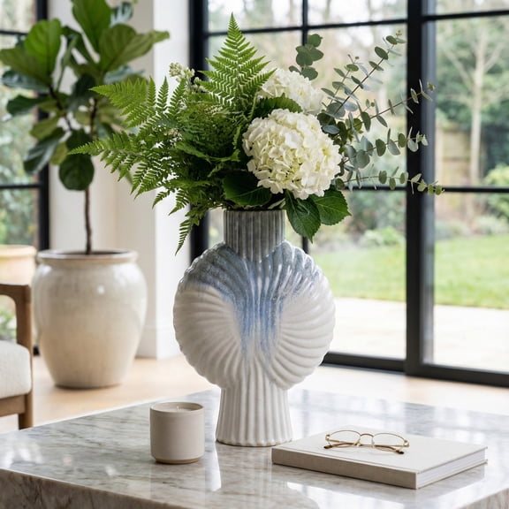 Shell Ceramic Vase for Living Room and Home Decor - Decorative Flower Vase Accent with Sculptural Coastal Design - Table Decor for Bedroom, Room, House and Office Display - 15", Blue & White