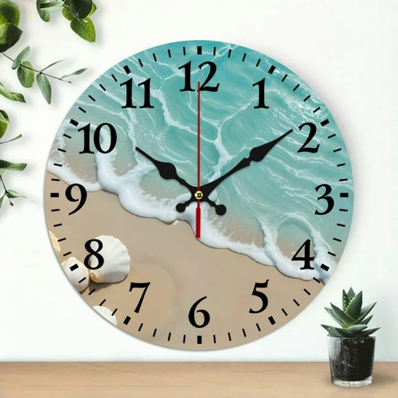 Shell Coast Scenery Wall Clock Silent Non Ticking Wooden Wall Clocks Battery Operated 10 Inch Round Wall Decor for Bathroom Kitchen Bedroom