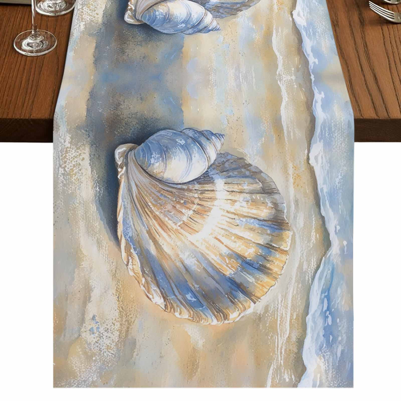 Shell Table Runner Shell Coastal 72 Inch Table Runner, Blue Yellow Summer Beach Nautical ...