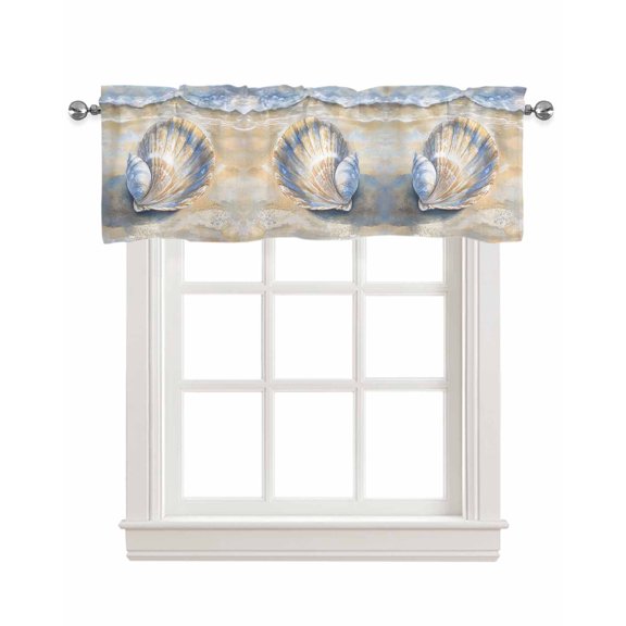 Shell Coastal Kitchen Valances for Windows Farmhouse Linen Window Valance Curtain for Living Room Window Treatment Blue Yellow Summer Beach Nautical Ocean Valance Rod Pocket Topper, 60 x 18 Inch