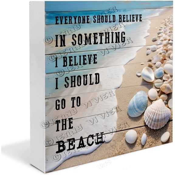 Shell, Conch, And Starfish I Should Go To The Beach Wooden Box Sign Inspiration Quote Gifts Table Centerpieces Wood Block Signs For Shelf Desk Decoration 5x5 in