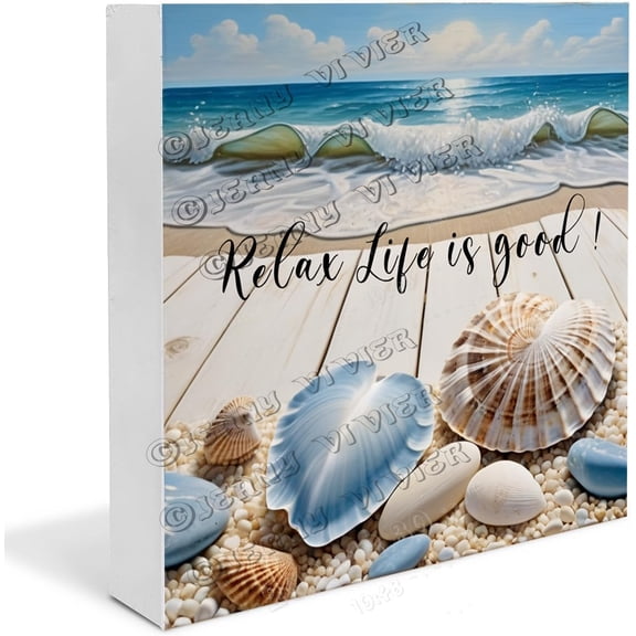 Shell, Conch, And Starfish Relax Life Is Good Wooden Box Sign Inspiration Quote Gifts for Shelves Table Centerpiece Ideas Wood Block Signs For Shelf Desk Decoration 7x7 in