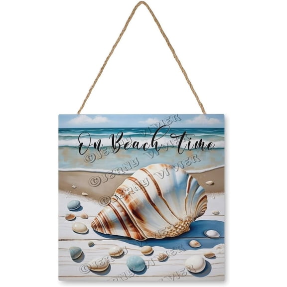 Shell, Conch On Beach Time Wooden Sign Ocean Beach Bathroom Wall Decors MDF Hanging Wood Plaques for Living Room Laundry Bathroom Spa Washroom Funny Bathroom Decor 12x12 Inch