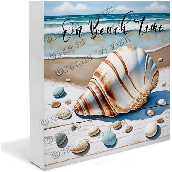 Shell, Conch On Beach Time Wooden Box Sign Inspiration Quote Gifts for Office Living Room Decor Table Centerpiece Shelf Wood Block Signs For Shelf Desk Decoration 5x5 in