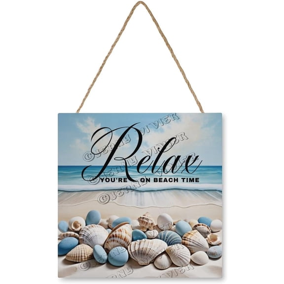 Shell, Conch Relax You're on Beach Time Wooden Sign Ocean Beach Bathroom Wall Decors MDF Hanging Wood Plaques for Living Room Laundry Bathroom Spa Washroom Funny Bathroom Decor 12x12 Inch