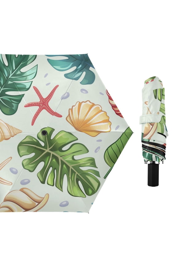 Shell Conch Starfish Palm Leaves All Weather Umbrella Triple Folding Parasol 6 Ribs UV Protection Portable