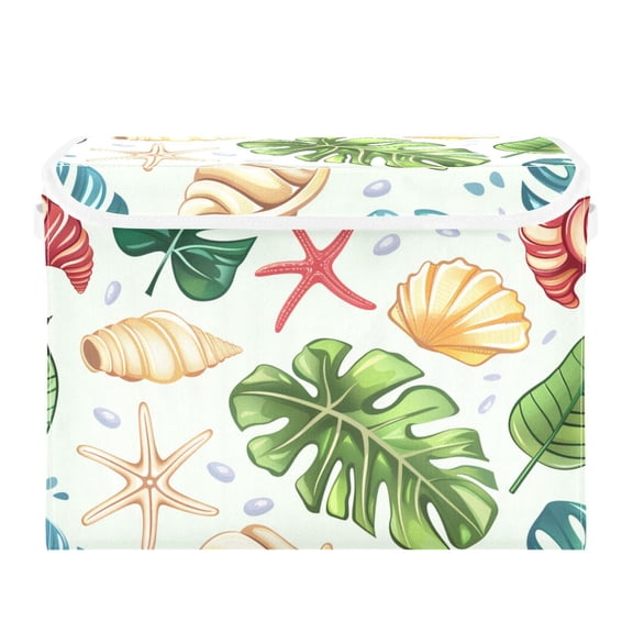 Shell Conch Starfish Palm Leaves Foldable Storage Bin with Lid and Handle Collapsible Storage Box 16.5 x 12.6 x 11.8 inches