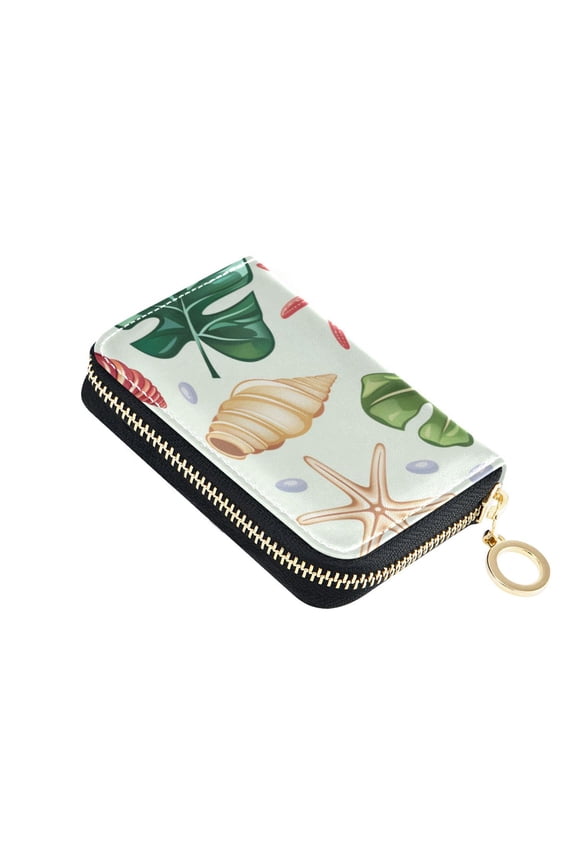 Shell Conch Starfish Palm Leaves Women's Credit Card Holder PU Leather Zipper Wallet RFID Blocking
