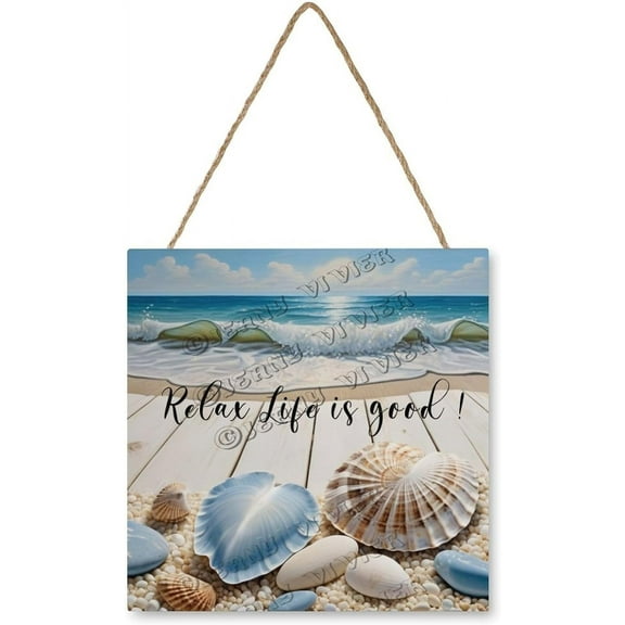 Shell, Conch, And Starfish Relax Life Is Good Wooden Sign Ocean Beach Bathroom Wall Decors MDF Hanging Wood Plaques for Home Office Funny Bathroom Decor 12x12 Inch
