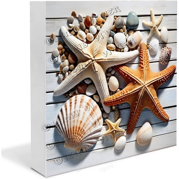 Shell, Conch, And Starfish Wooden Box Sign Office Gifts Farmhouse Table Decor Table Centerpiece Shelf Wood Block Signs For Shelf Desk Decoration 5x5 in