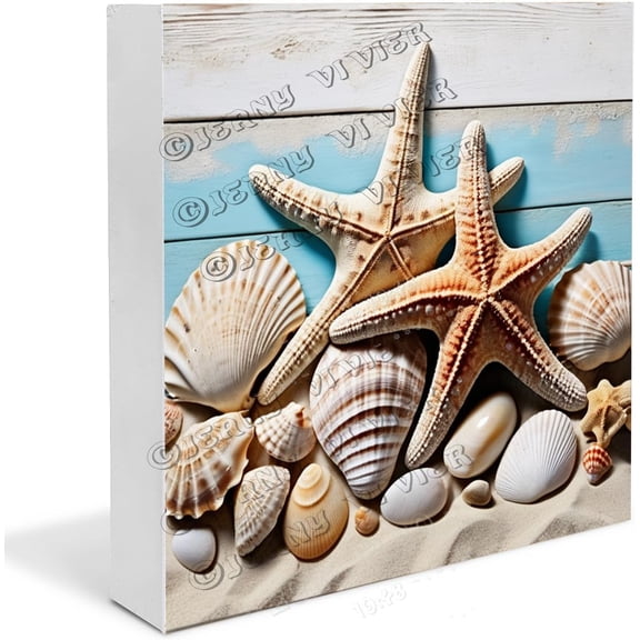 Shell, Conch, And Starfish Wooden Box Sign Summer Themed Party Favors Farmhouse Shelf Decor Work Desk Centerpiece Wood Block Signs For Shelf Desk Decoration 7x7 in