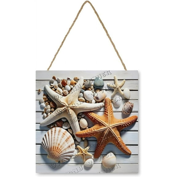 Shell, Conch, And Starfish Wooden Sign Ocean Beach Bathroom Wall Decors MDF Hanging Wood Plaques for Home Office Living Room Laundry Bathroom Spa Washroom 12x12 Inch